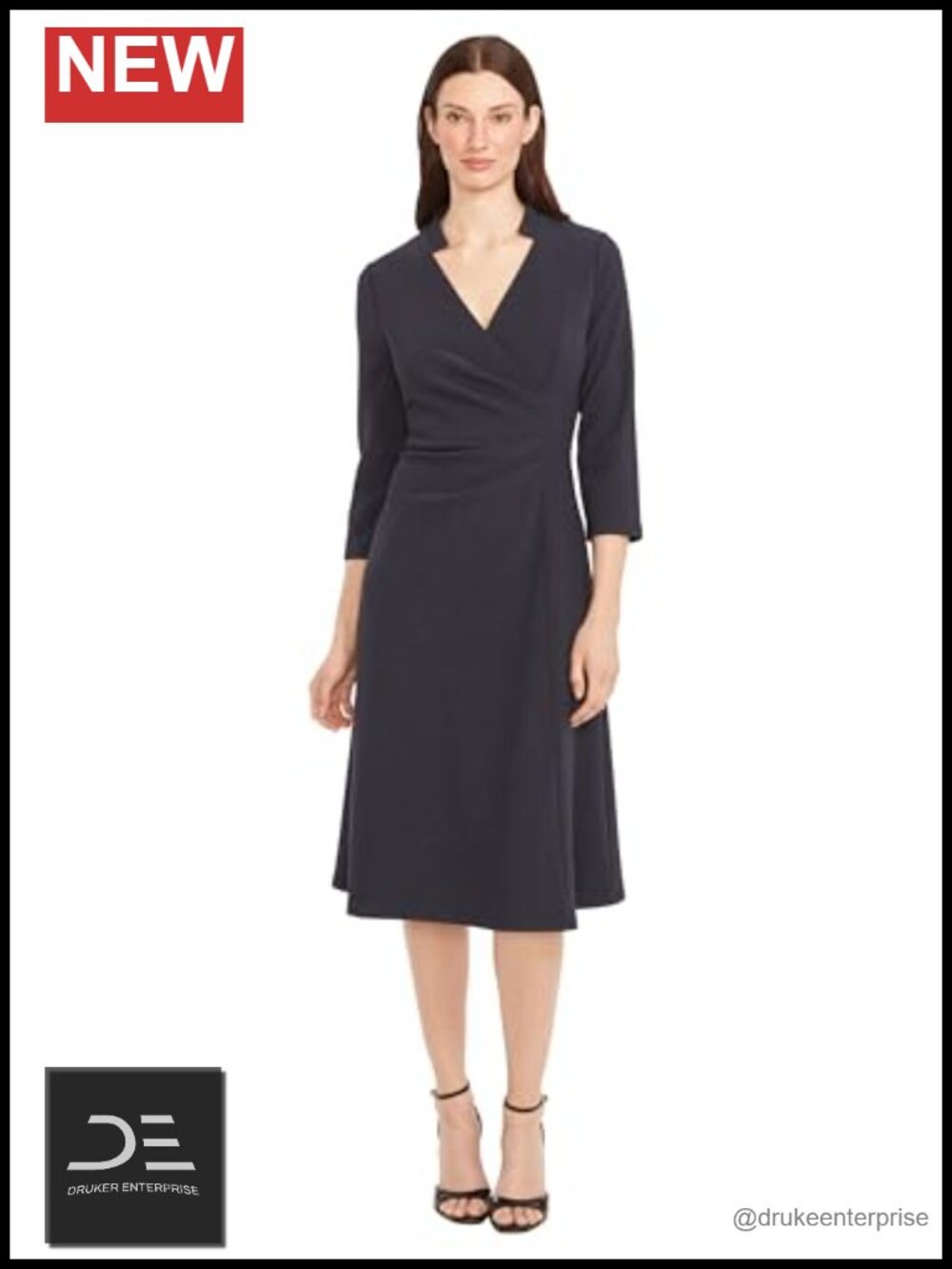 Maggy London Women's V-Neck 3/4 Sleeve Wrap Midi Dress Professional Work Dresses
